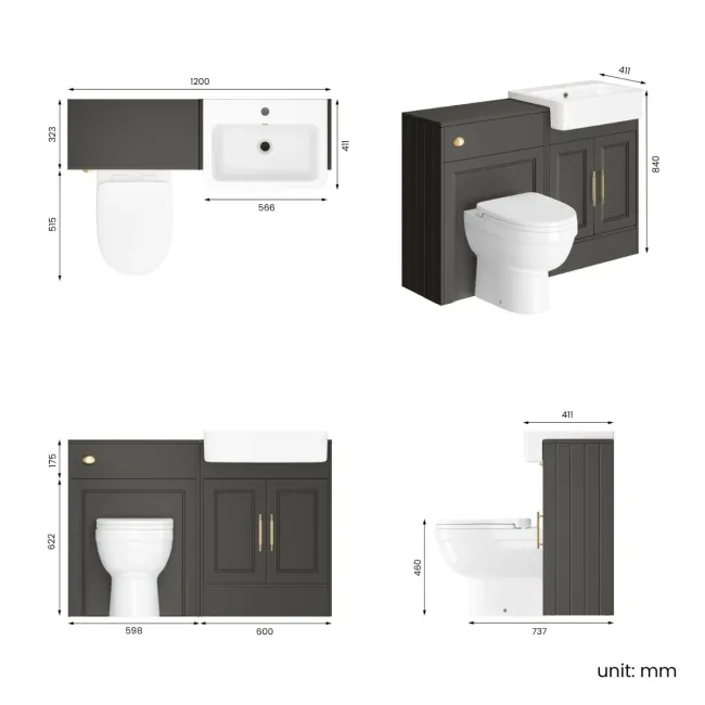 Monaco Graphite Grey Combination Vanity Basin and Seattle Toilet 1200mm - Brass Knurled Handles