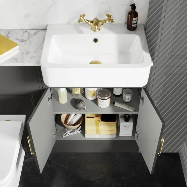 Monaco Graphite Grey Combination Vanity Basin with Marble Top & Atlanta Toilet 1200mm - Brass Knurled Handles