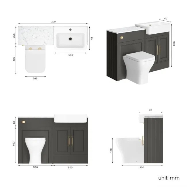 Monaco Graphite Grey Combination Vanity Basin with Marble Top & Atlanta Toilet 1200mm - Brass Knurled Handles