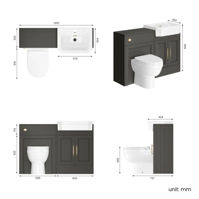Monaco Graphite Grey Combination Vanity Traditional Basin and Seattle Toilet 1200mm - Brass Knurled Handles