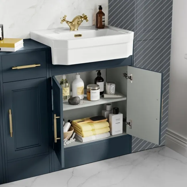 Monaco Inky Blue Combination Vanity Traditional Basin and Hudson Toilet with Wooden Seat 1500mm - Brass Knurled Handles