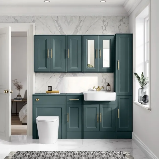 Monaco Midnight Green Combination Vanity Basin and Boston Toilet 1500mm - Brass Knurled Handles