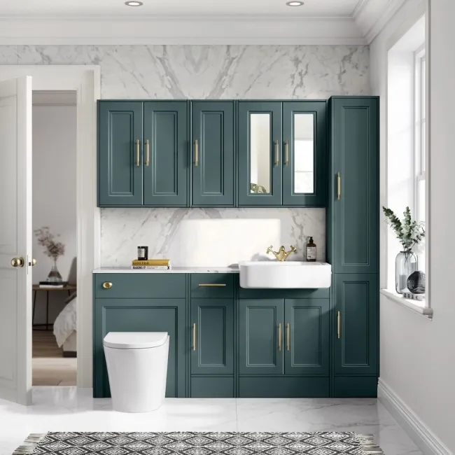 Monaco Midnight Green Combination Vanity Basin with Marble Top and Boston Toilet 1500mm - Brass Knurled Handles