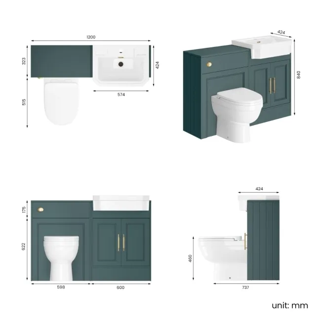Monaco Midnight Green Combination Vanity Traditional Basin and Seattle Toilet 1200mm - Brass Knurled Handles