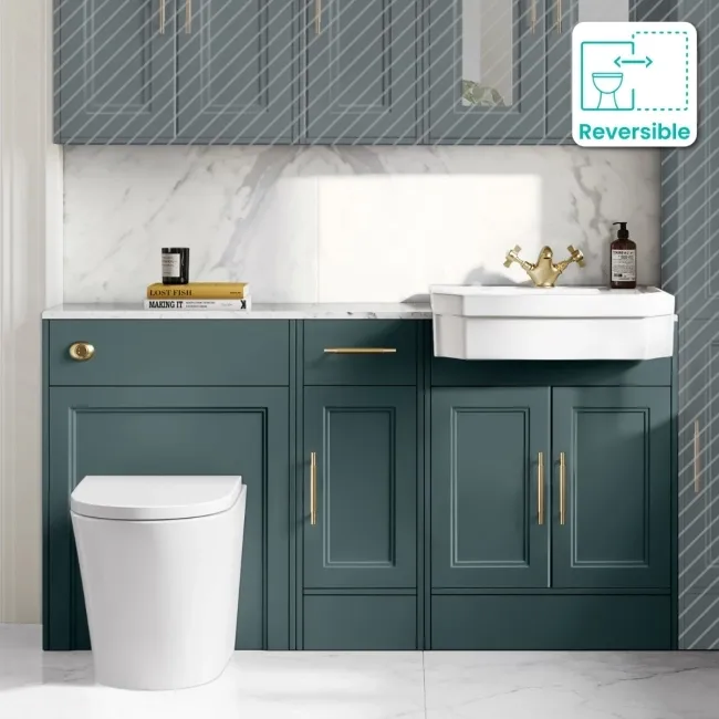 Monaco Midnight Green Combination Vanity Traditional Basin with Marble Top and Boston Toilet 1500mm - Brass Knurled Handles
