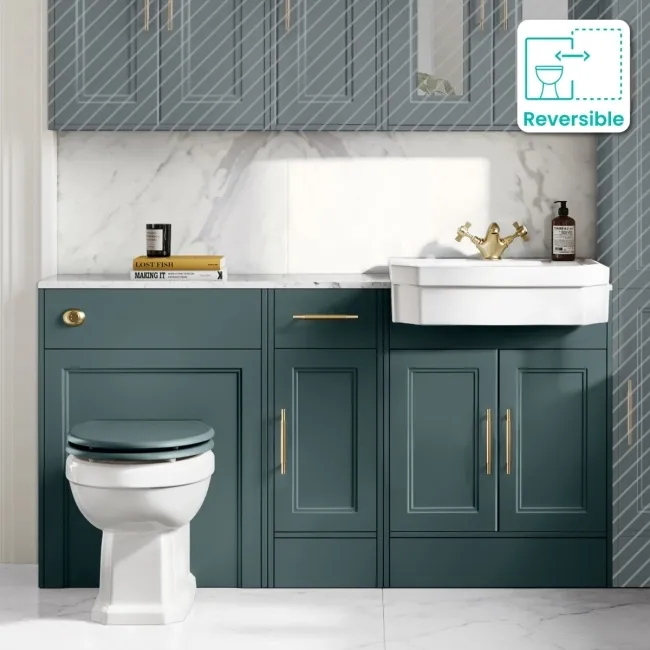 Monaco Midnight Green Combination Vanity Traditional Basin with Marble Top & Hudson Toilet with Wooden Seat 1500mm - Brass Knurled Handles