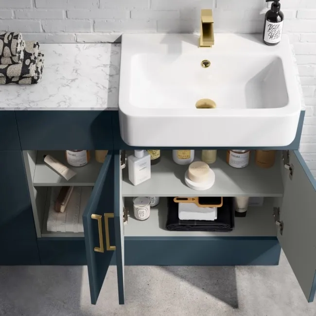 Harper Navy Blue Combination Vanity Basin with Marble Top & Houston Toilet 1500mm - Brushed Brass Accents
