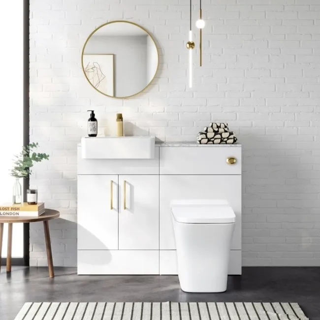 Harper Gloss White Combination Vanity Basin with Marble Top & Houston Toilet 1000mm - Brushed Brass Accents