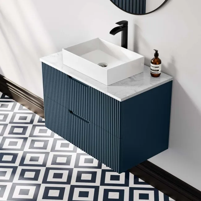 Crete Fluted Navy Blue Wall Hung Drawer Vanity with Marble Top & Cody Basin 800mm