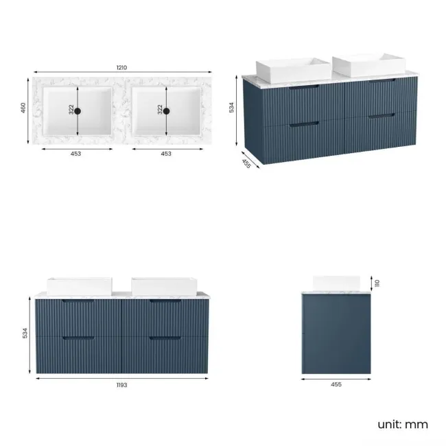 Crete Fluted Navy Blue Double Wall Hung Drawer Vanity with Marble Top & Cody Basin 1200mm