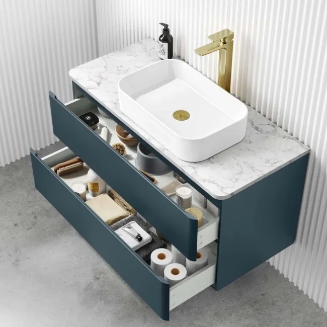 Corsica Inky Blue Vanity Drawer with Marble Top & Marin Basin 1000mm