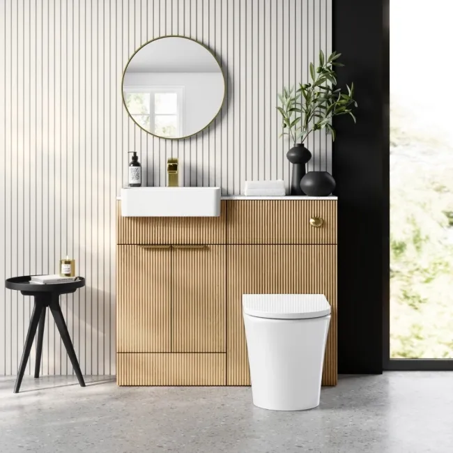 Sicily Fluted Country Oak Combination Vanity Basin with Marble Top & Tucson Toilet 1000mm - Brushed Brass Accents