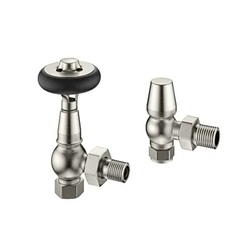 Brushed Nickel Angled Traditional Manual Thermostatic Radiator Valves (Pair) Standard 15mm