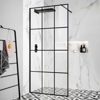 Munich Matt Black Grid Easy Clean 8mm Wet Room Shower Glass Panel 1000mm