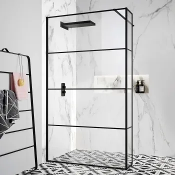 Munich Matt Black Grid 8mm Wet Room Shower Glass 1200mm & 250mm Return Panel