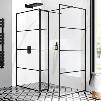 Munich Matt Black Grid 8mm Walk In Shower Enclosure 1000mm & 900mm Glass with Pivotal Return Panel