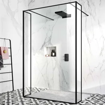 Munich Matt Black Framed 8mm Walk Through Wet Room Shower Glass Panel 1400mm & 250mm Return Panel