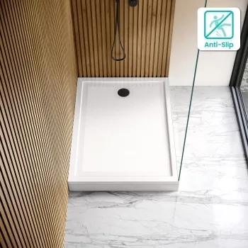 Doha Rectangular Gloss White Anti-Slip Stone Shower Tray 1200x800mm & Riser Kit