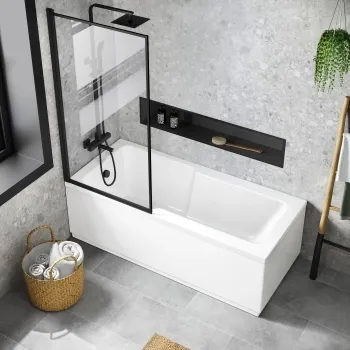 Dover 1700x750 Keyhole Shower Bath & 6mm Easy Clean Matt Black Framed Bath Screen