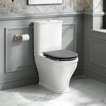 Kansas Traditional Rimless Close Coupled Toilet With Dove Grey Wooden Seat - Brushed Brass Hinges