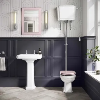 Hudson Traditional High-Level Toilet With Cashmere Pink Seat & Pedestal Basin - Double Tap Hole