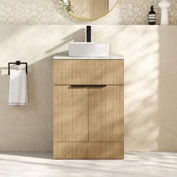 Havana Fluted Country Oak Cabinet with Marble Top & Nevis Basin 600mm - Black Accents