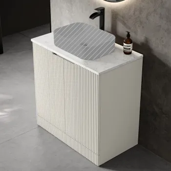 Crete Fluted Linen White Vanity with Marble Top 800mm - Excludes Counter Top Basin