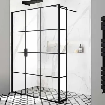 Munich Matt Black Grid 8mm Wet Room Shower Glass 1400mm & 250mm Pivotal Return Panel