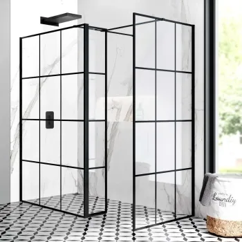 Munich Matt Black Grid 8mm Walk In Shower Enclosure 1200mm & 900mm Glass with Pivotal Return Panel