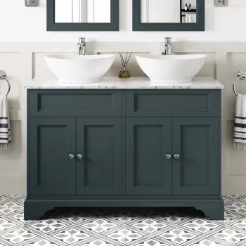 Lucia Inky Blue Double Vanity with Marble Top & Oval Counter Top Basin 1200mm