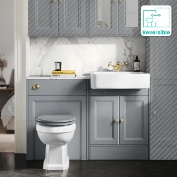 Monaco Dove Grey Combination Vanity Basin with Marble Top & Hudson Toilet with Wooden Seat 1200mm - Brushed Brass Accents