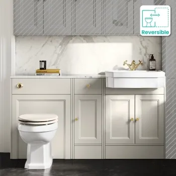 Monaco Chalk White Combination Vanity Traditional Basin with Marble Top & Hudson Toilet with Wooden Seat 1500mm - Brushed Brass Accents