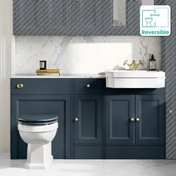 Monaco Inky Blue Combination Vanity Traditional Basin with Marble Top & Hudson Toilet with Wooden Seat 1500mm - Brushed Brass Accents