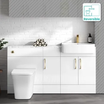 Harper Gloss White Combination Vanity Basin with Marble Top & Houston Toilet 1500mm - Brushed Brass Accents