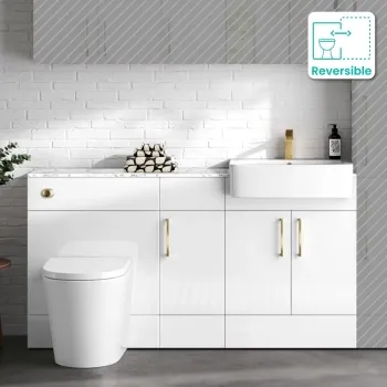 Harper Gloss White Combination Vanity Basin with Marble Top & Boston Toilet 1500mm - Brushed Brass Accents
