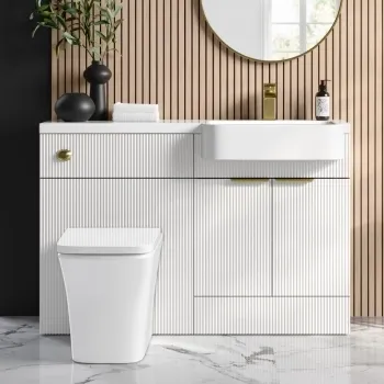 Sicily Fluted Coastal White Combination Vanity Basin and Houston Toilet 1200mm - Brushed Brass Accents - Right Handed