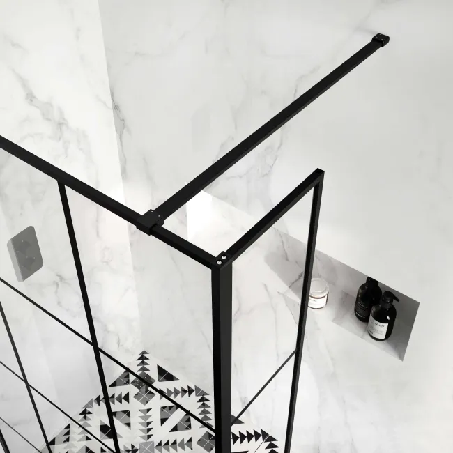 Munich Matt Black Grid 8mm Wet Room Shower Glass 1200mm & 250mm Return Panel