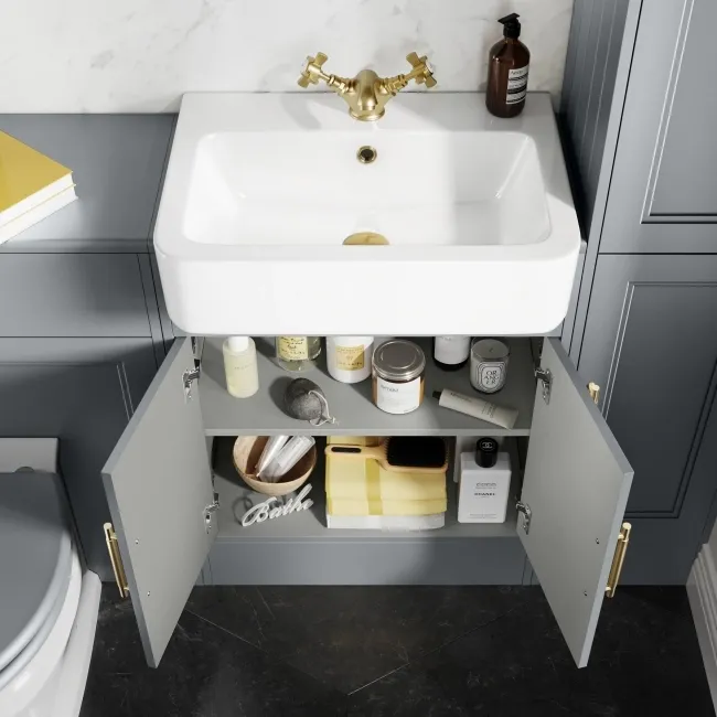 Monaco Dove Grey Basin Vanity 600mm - Brass Knurled Handles