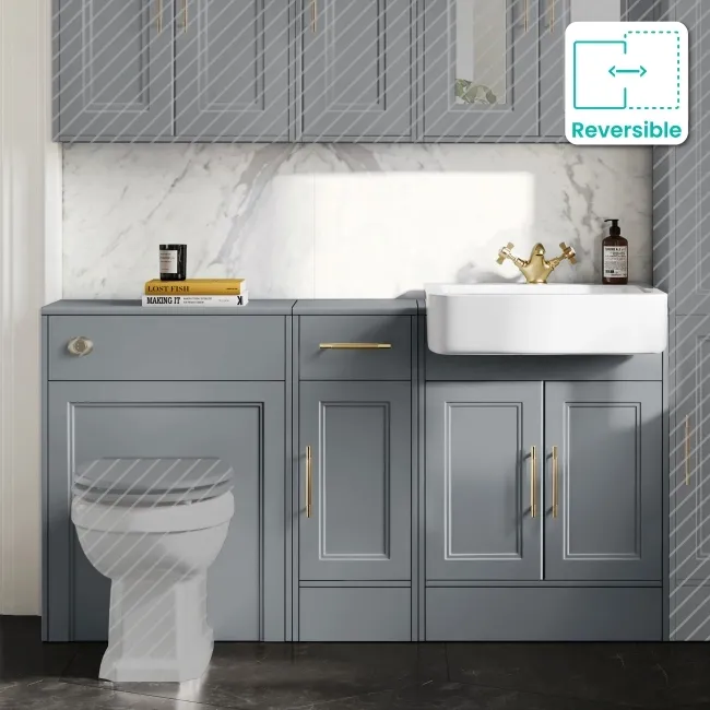 Monaco Dove Grey Combination Vanity Basin 1500mm (Excludes Pan & Cistern) - Brass Knurled Handles