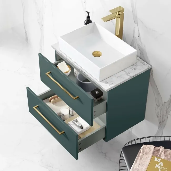 Elba Midnight Green Wall Hung Drawer Vanity with Marble Top & Cody Basin 600mm - Brushed Brass Accents