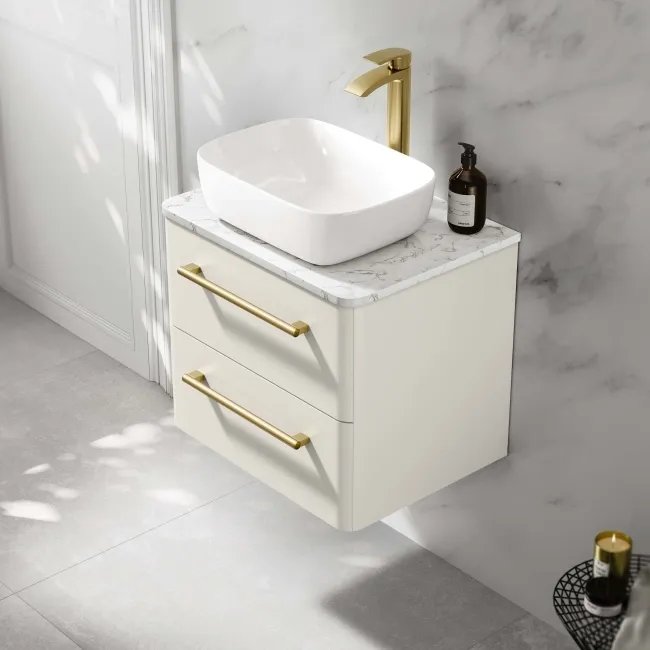 Omaha Linen White Wall Hung Drawer Vanity with Marble Top & Curved Counter Top Basin 600mm - Brushed Brass Accents