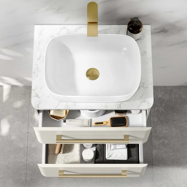 Omaha Linen White Wall Hung Drawer Vanity with Marble Top & Curved Counter Top Basin 600mm - Brushed Brass Accents