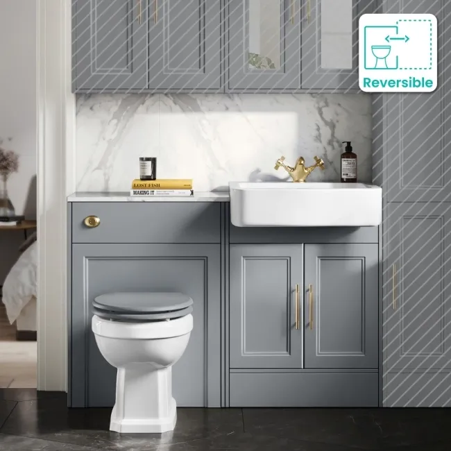Monaco Dove Grey Combination Vanity Basin with Marble Top & Hudson Toilet with Wooden Seat 1200mm - Brass Knurled Handles