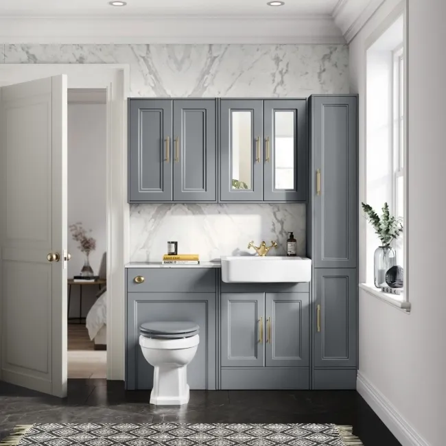 Monaco Dove Grey Combination Vanity Basin with Marble Top & Hudson Toilet with Wooden Seat 1200mm - Brass Knurled Handles