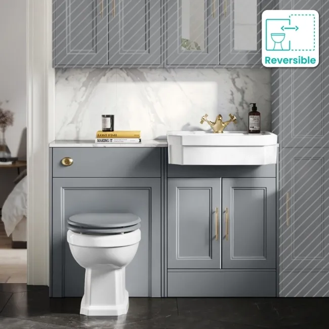 Monaco Dove Grey Combination Vanity Traditional Basin with Marble Top & Hudson Toilet with Wooden Seat 1200mm - Brass Knurled Handles