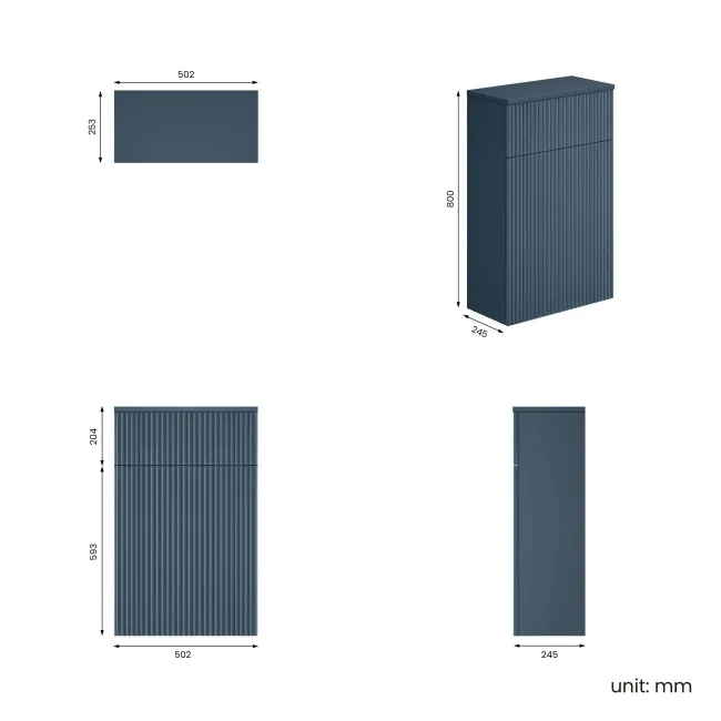 Crete Fluted Navy Blue Slimline Back To Wall Toilet Unit 500mm