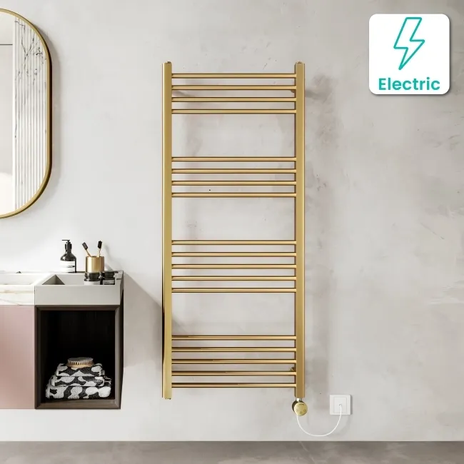 Barcelona Electric Brushed Brass Straight Heated Towel Rail 1400x600mm