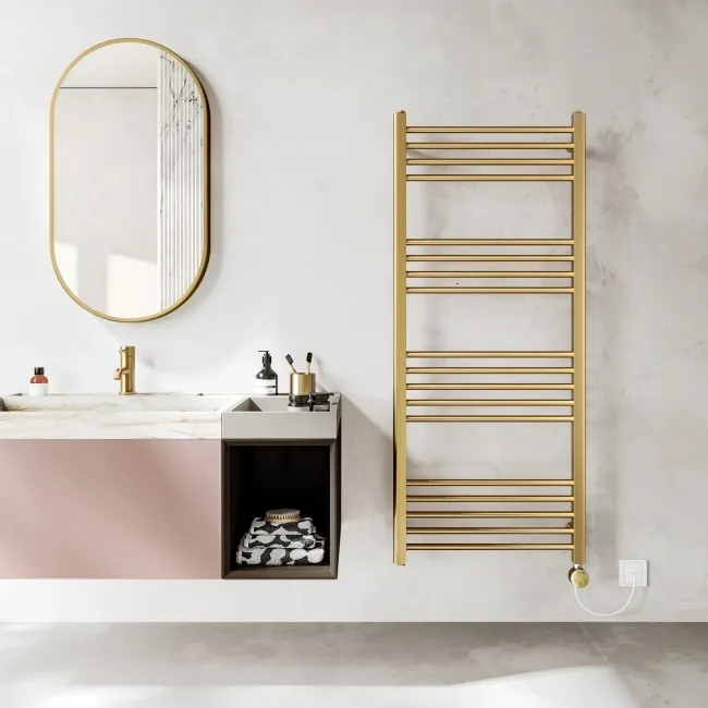 Barcelona Electric Brushed Brass Straight Heated Towel Rail 1400x600mm