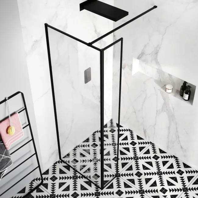 Munich Matt Black Framed 8mm Wet Room Shower Glass 800mm & 250mm Return Panel