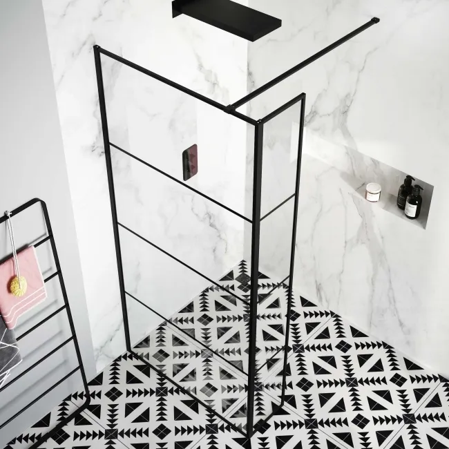 Munich Matt Black Grid 8mm Wet Room Shower Glass 1100mm & 250mm Return Panel